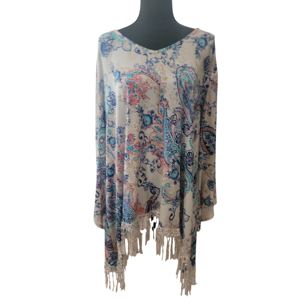 Cato Womens XL Paisley V-Neck Poncho Top Blue Pink Fringe Crochet Lace Trim